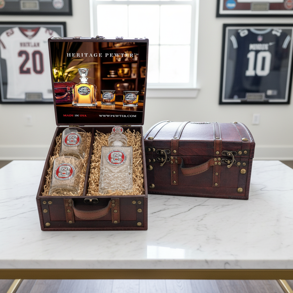 North Carolina State University Heritage Decanter with 3D Top and 2 Glasses with Chest Box