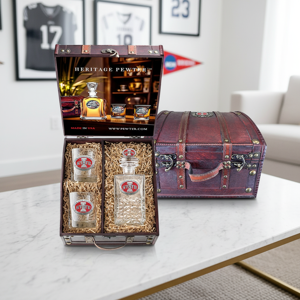 Iowa State University Heritage Decanter with 3D Top and 2 Glasses with Chest Box