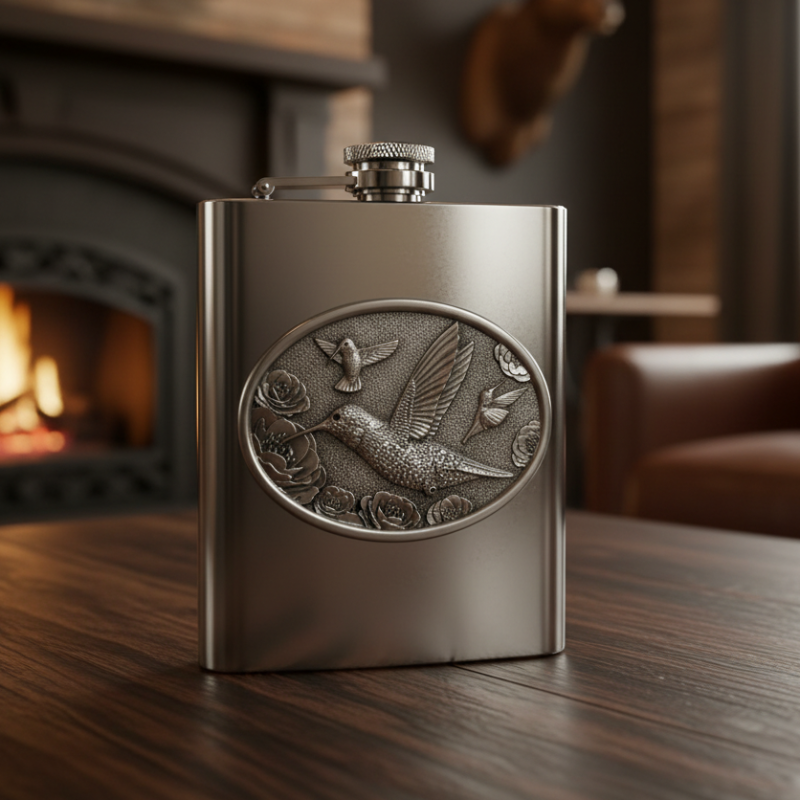 Hummingbird 8oz Stainless Steel Flask - Fine Pewter Nature Casting - Made in USA