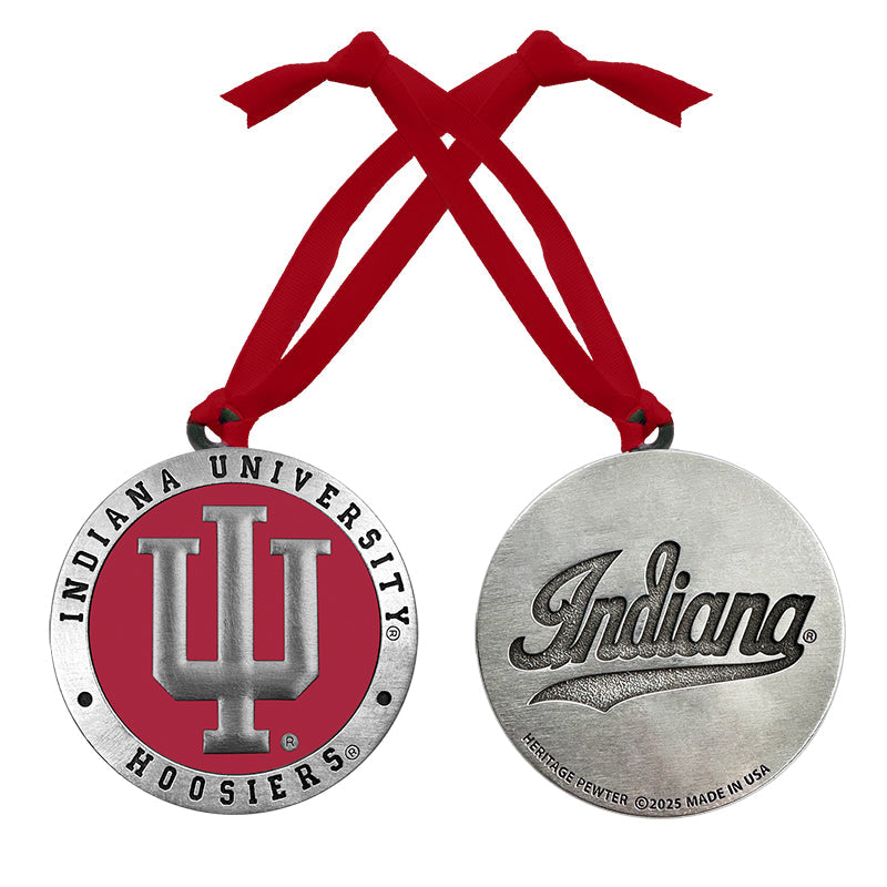 Two medallions with Indiana University and Indiana branding on a red ribbon.