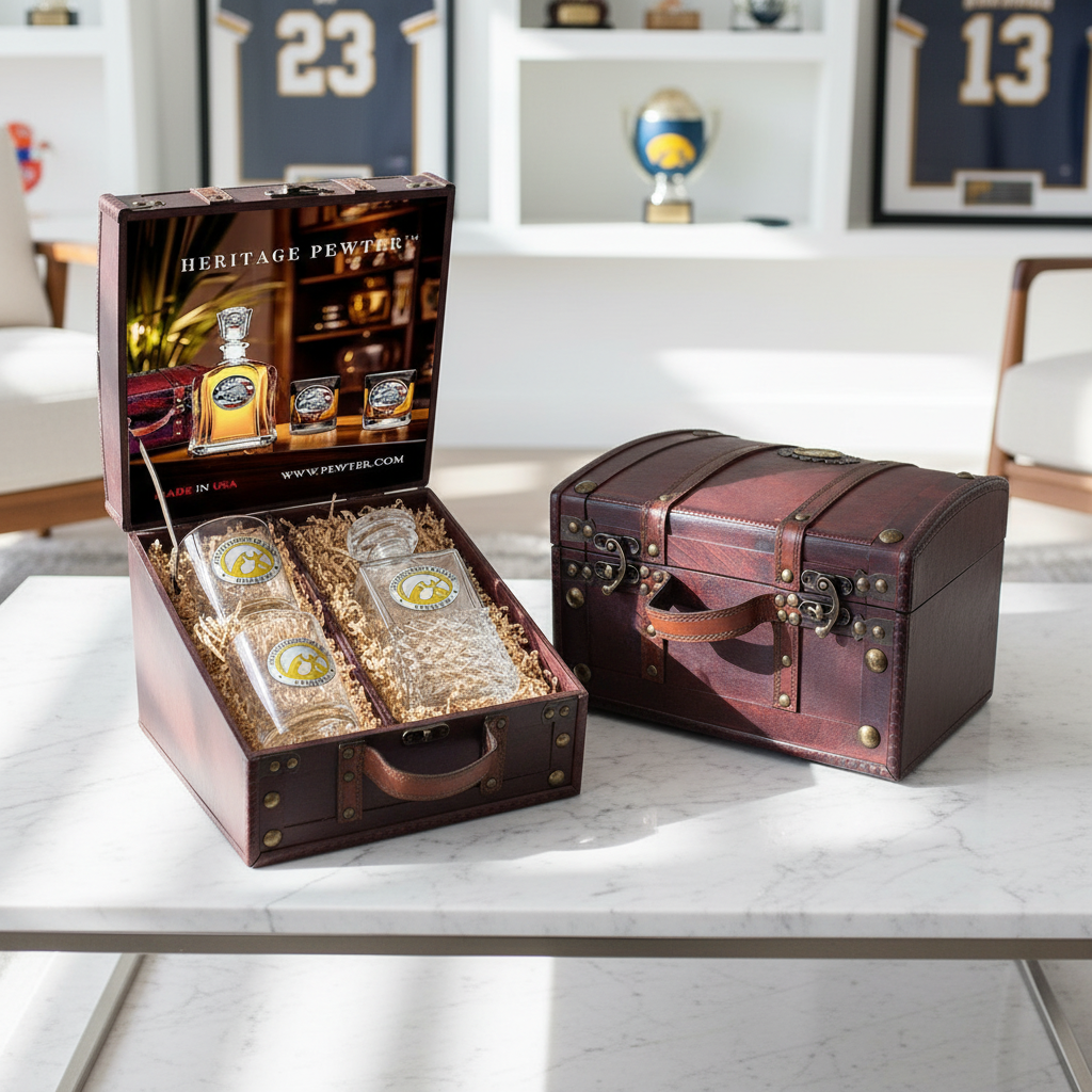 Iowa Hawkeyes Decanter Set w/ 2 Glasses & Large Chest Box – Made in USA