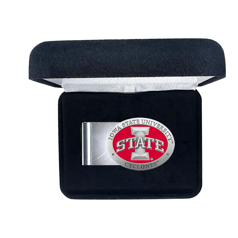 Iowa State University money clip in a black display case on a white background