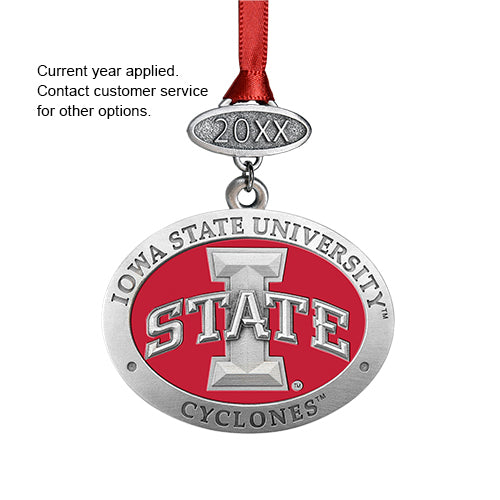 Iowa State University Cyclones ornament with red and silver design on a white background