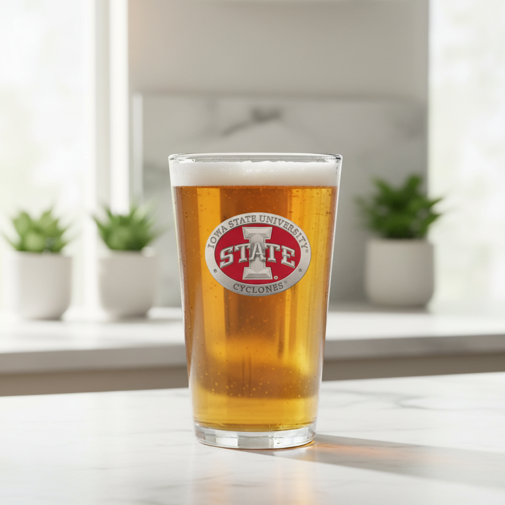 Pint glass of beer with Iowa State University logo on a blurred indoor background