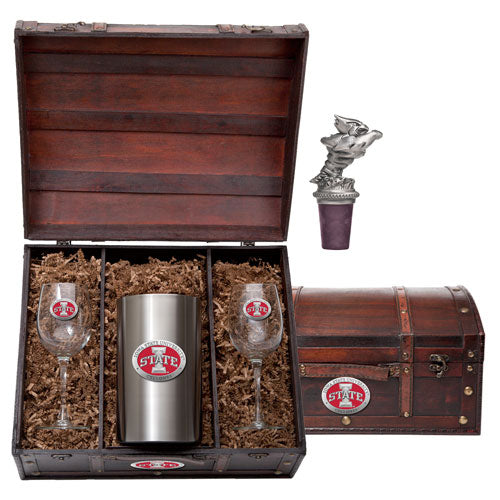 Gift set with Iowa State logo tumbler, wine glasses, and bottle stopper in a wooden chest.