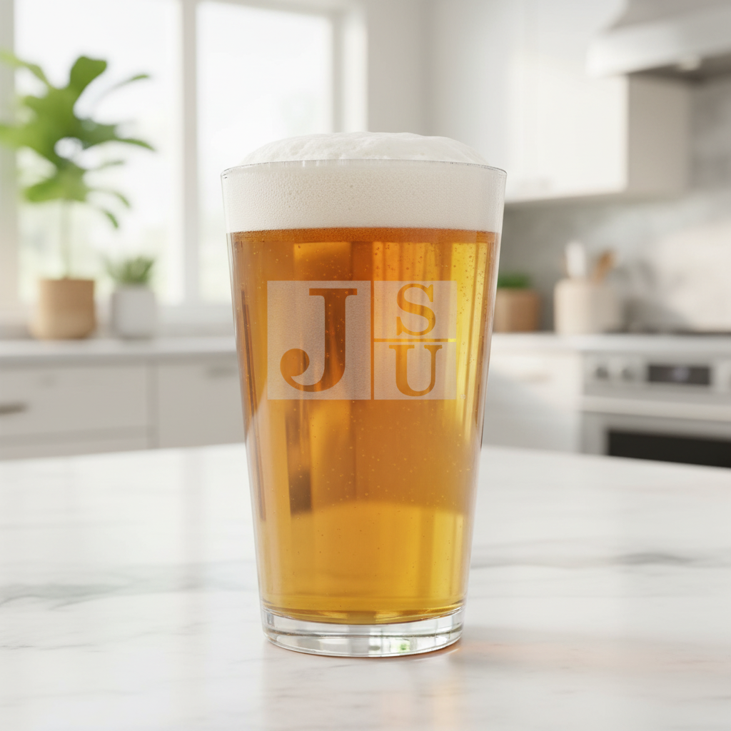 A clear pint glass with an etched design of the Jackson State Tigers logo.