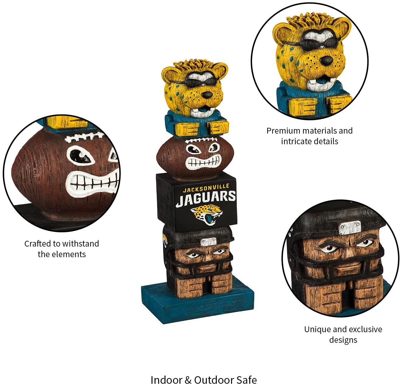 Jacksonville Jaguars totem pole with bear figure, football, and unique designs on a white background.