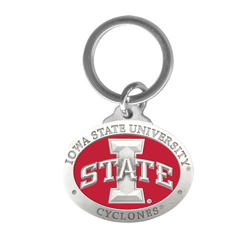 Iowa State University keychain with red and silver design on a white background