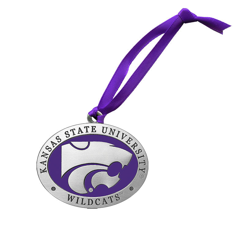 Kansas State University Wildcats ornament with purple ribbon on a white background