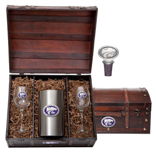 Wine glass set with a tumbler and bottle stopper in a wooden box, featuring a logo.