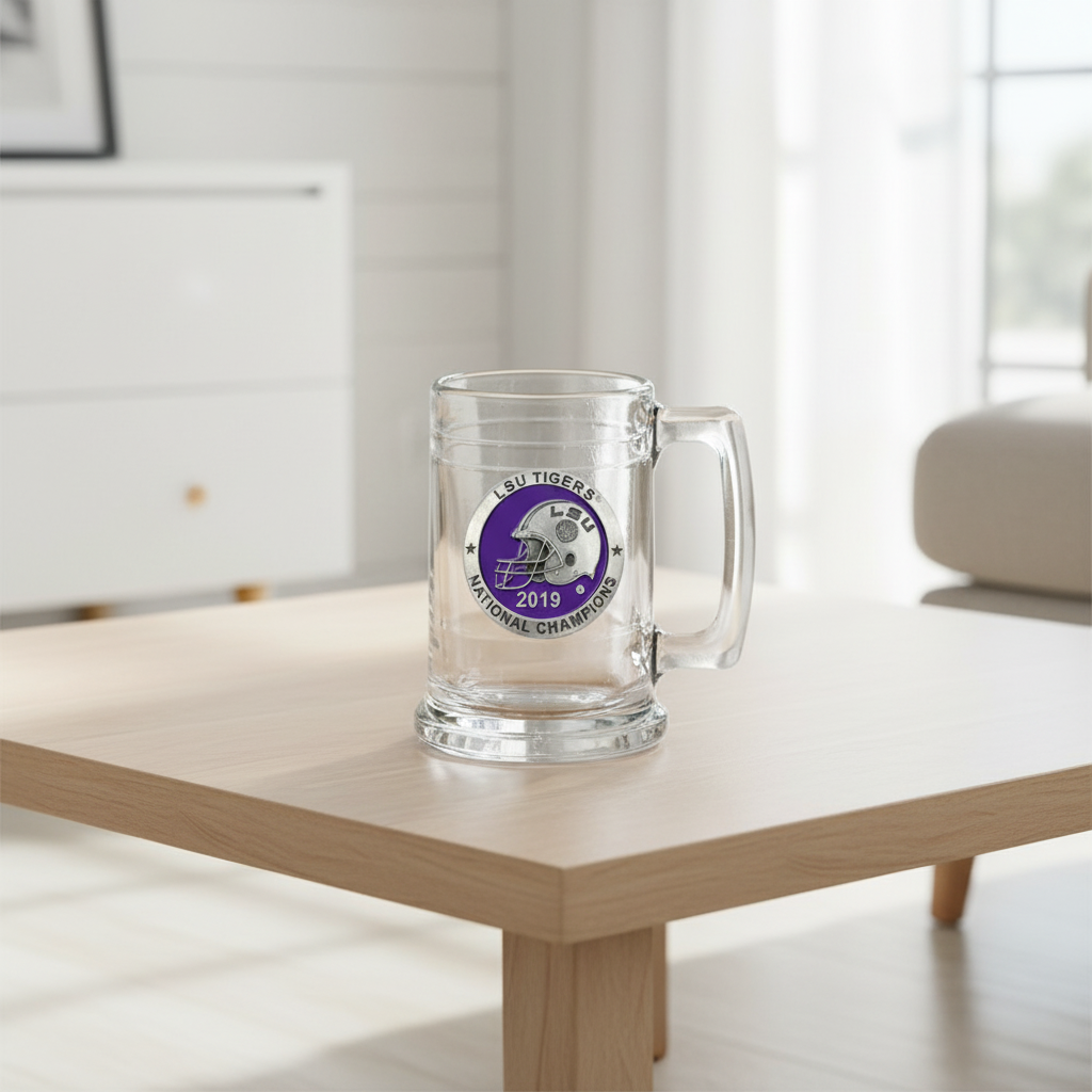 Glass mug with LSU Tigers national champions emblem on a white background