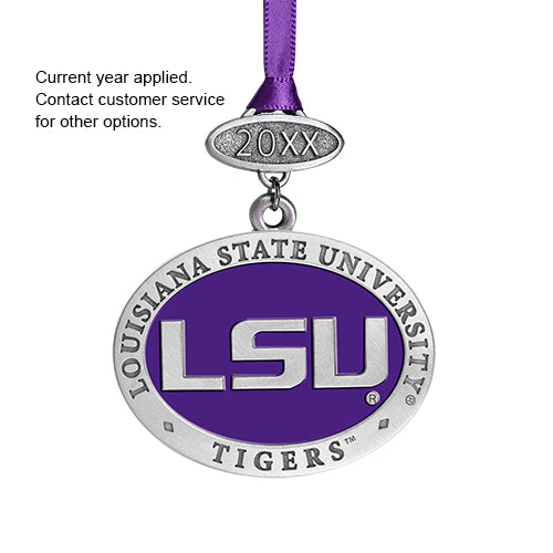 LSU Tigers ornament with purple ribbon on a white background