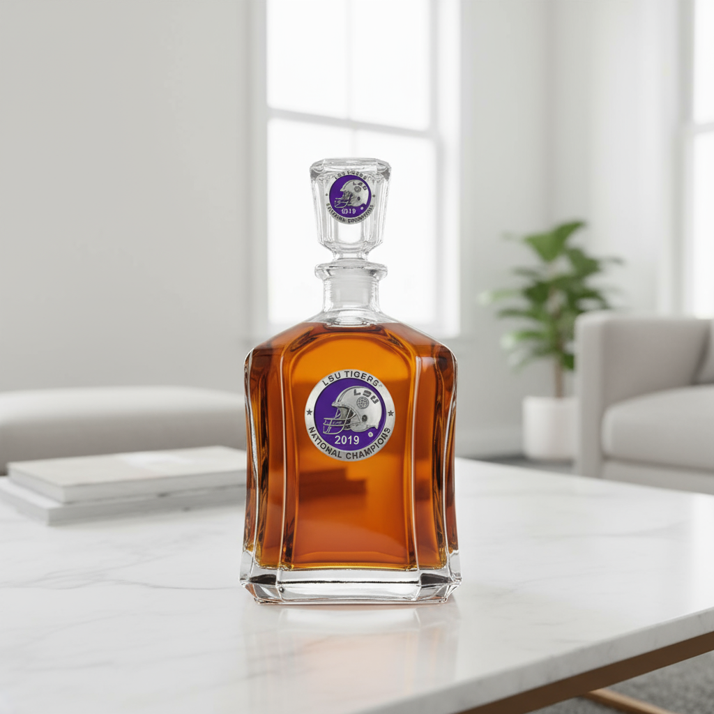 Glass decanter with LSU Tigers 2019 national champions emblem on a white background