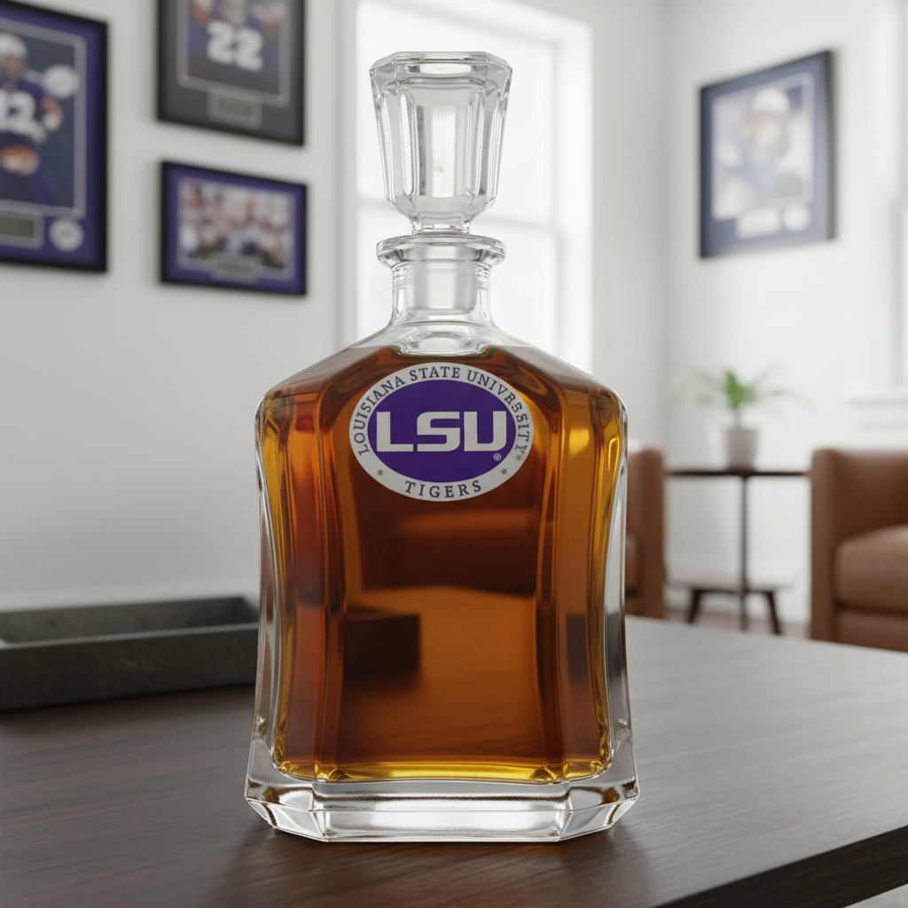 Glass decanter with LSU Tigers logo on a white background