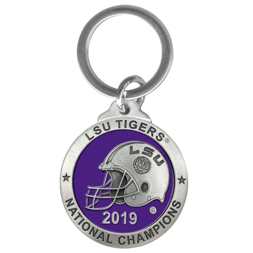 LSU Tigers 2019 national champions keychain with helmet design on a white background