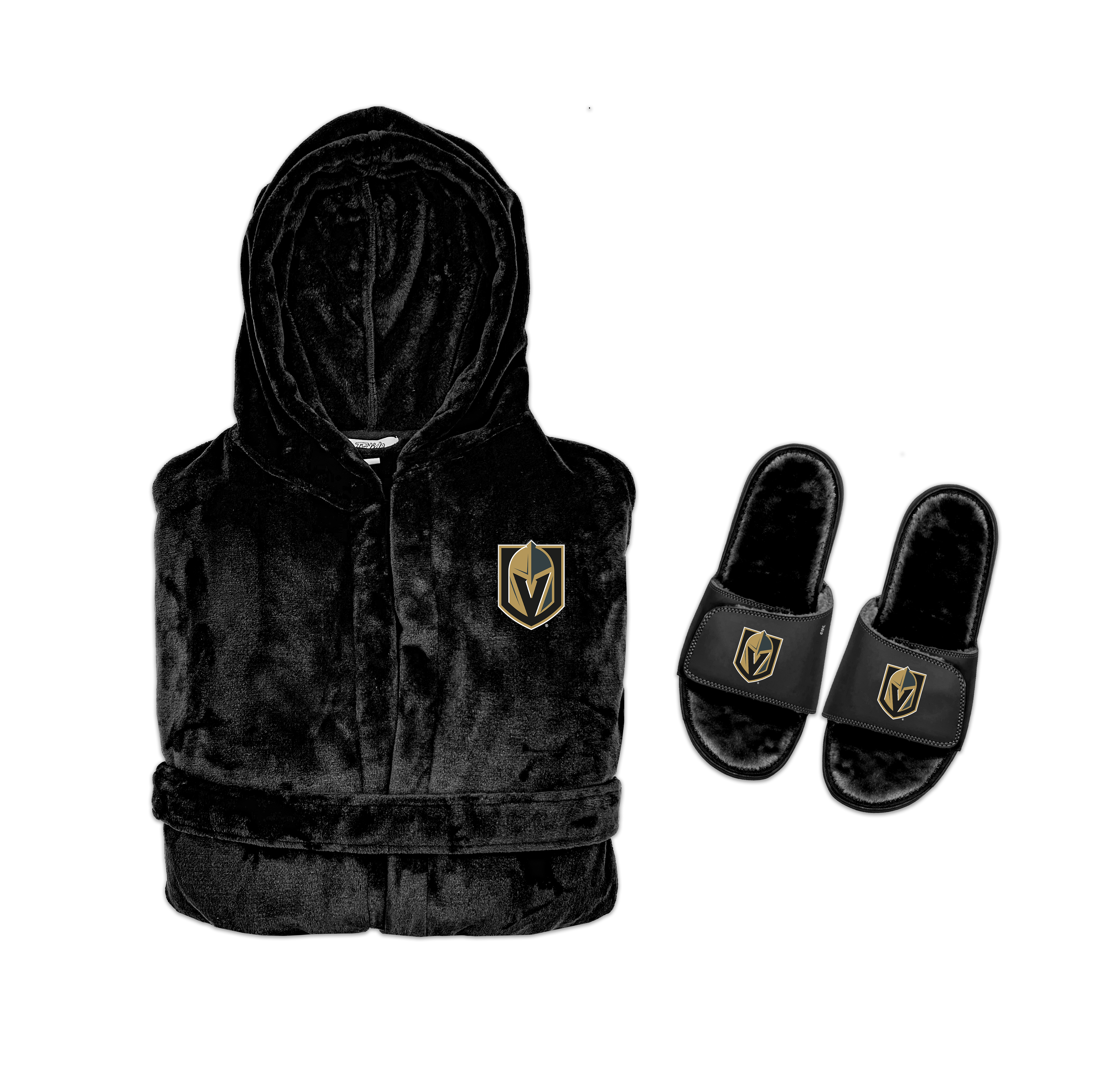 A bundle including a black faux fur hooded robe with a Vegas Golden Knights logo on the chest and a pair of black faux fur slipper sandals with the same logo.