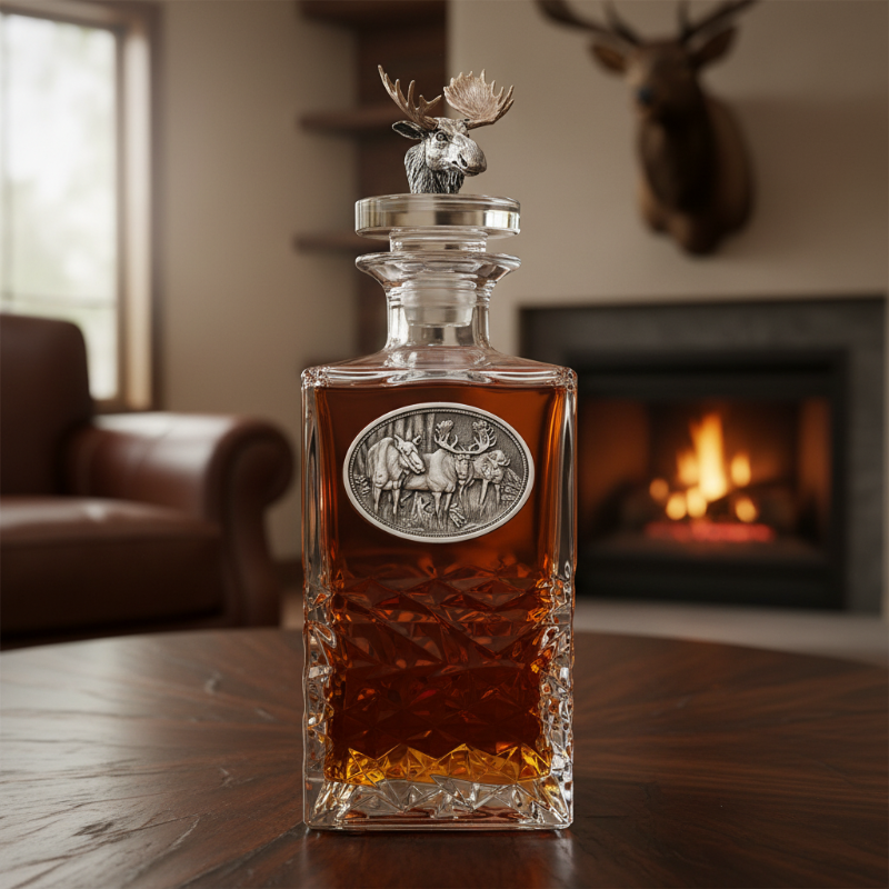 Majestic Moose Brass Heritage Decanter - Rustic Lodge Barware - Made in USA