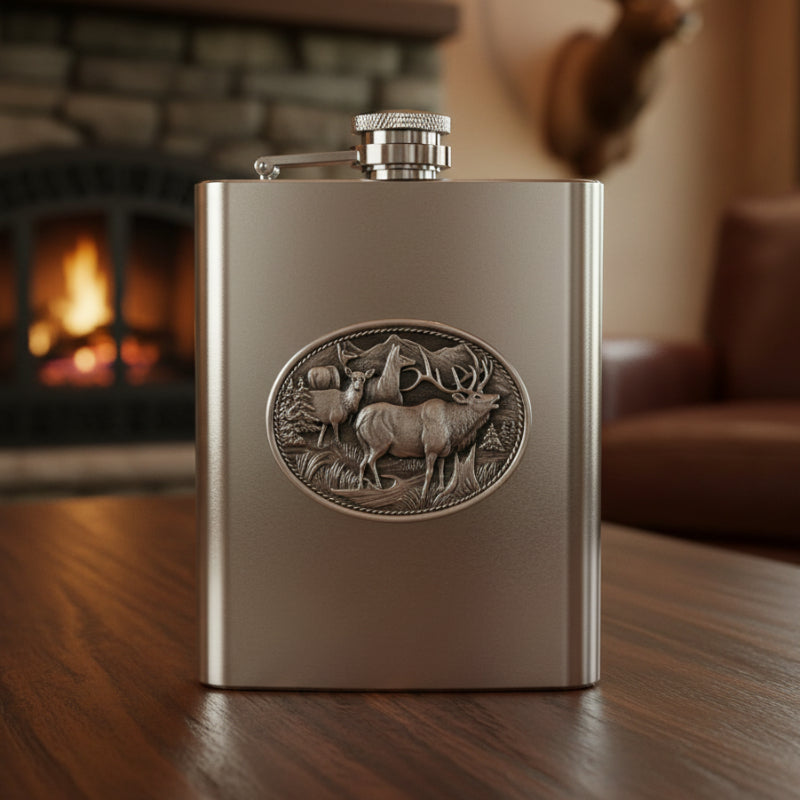 Majesty Elk 8oz Stainless Steel Flask - Fine Pewter Wildlife Casting - Made in USA
