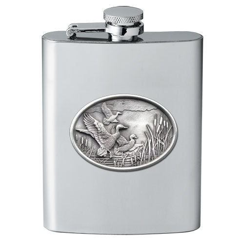 Mallard Duck 8oz Stainless Steel Flask - Fine Pewter Waterfowl Casting - Made in USA