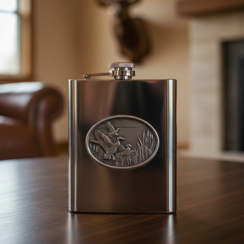 Mallard Duck 8oz Stainless Steel Flask - Fine Pewter Waterfowl Casting - Made in USA