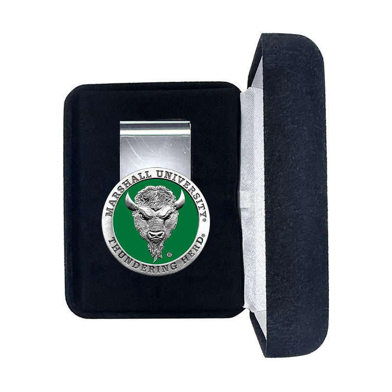 Marshall University money clip with logo on a black velvet cushion