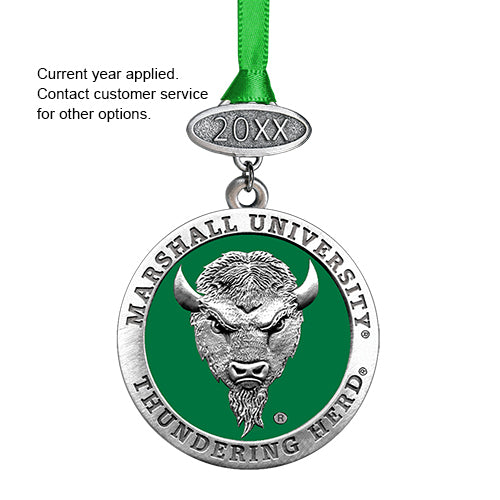 Marshall University Thundering Herd ornament with green ribbon on a white background