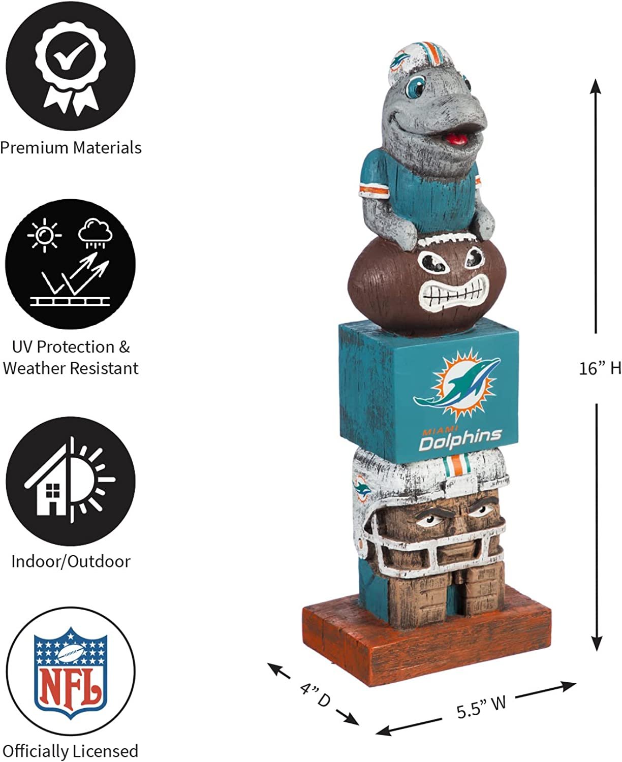 Miami Dolphins 16" Tiki Totem Garden Statue - Outdoor NFL Mascot Decor & Man Cave Figurine