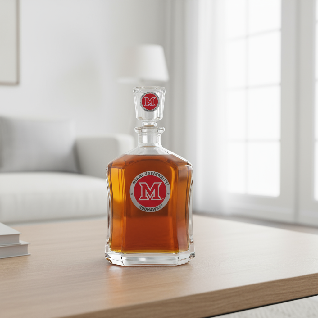 Glass decanter with Miami University RedHawks logo on a white background
