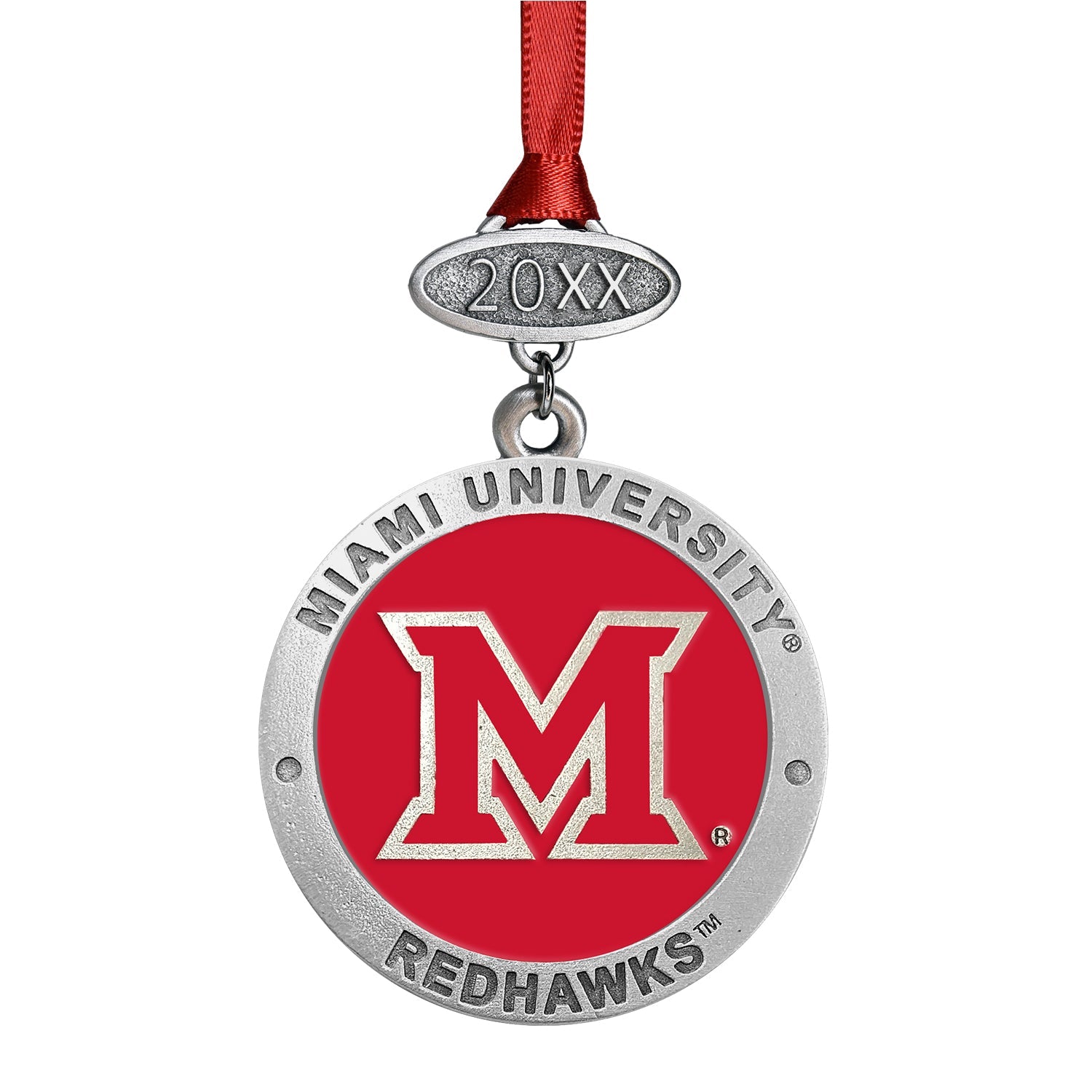 Miami University RedHawks ornament with red ribbon on a white background