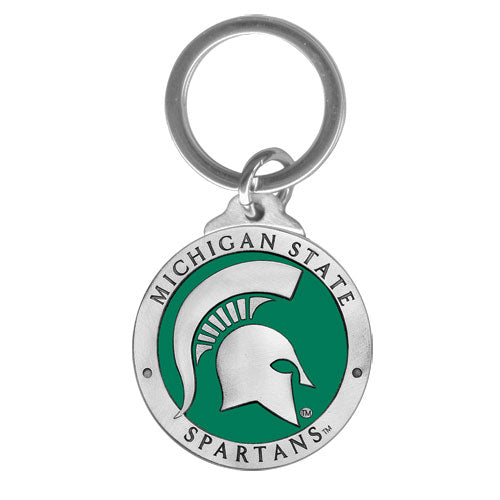 Michigan State Spartans keychain with green and silver design on a white background