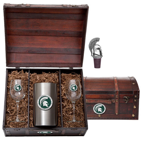 Gift set with wine glasses and tumbler in a wooden box, Spartan logo visible