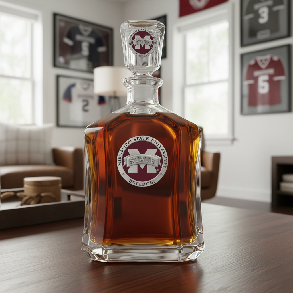 Glass decanter with Mississippi State University logo on a white background
