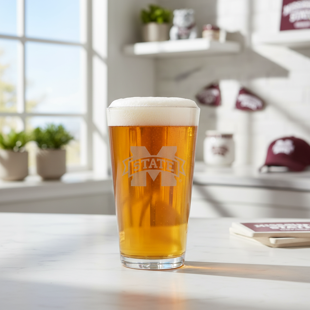 A clear pint glass with an etched design of the Mississippi State Bulldogs logo.
