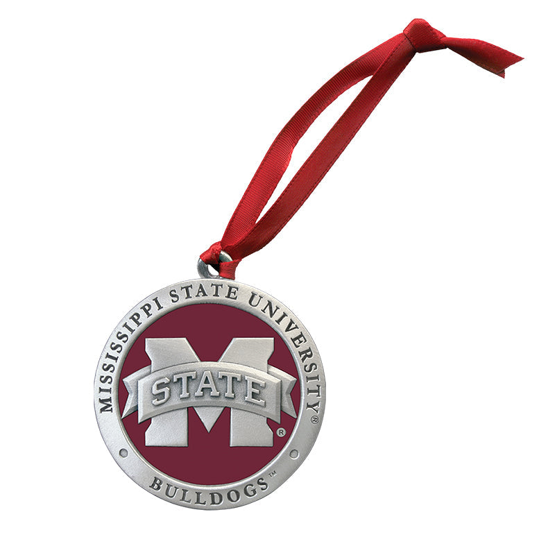 Mississippi State University ornament with red ribbon on a white background