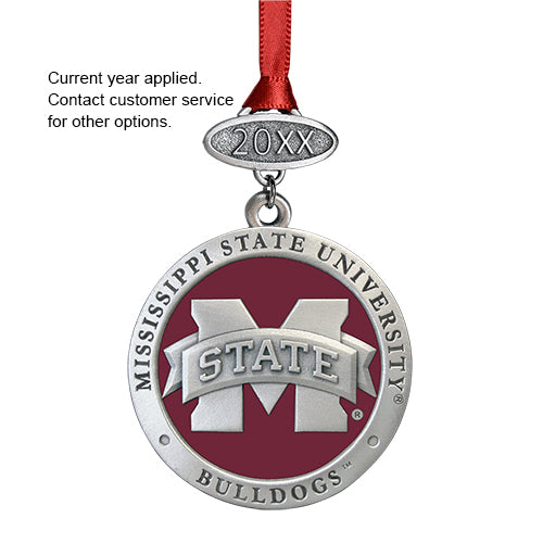 Mississippi State University ornament with red ribbon on a white background