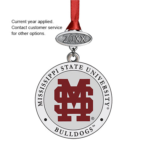 Mississippi State University Bulldogs ornament with red ribbon on a white background
