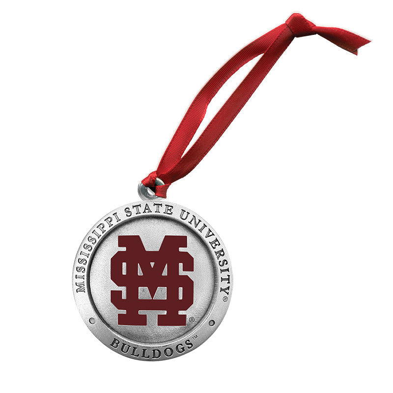 Mississippi State University ornament with red ribbon on a white background