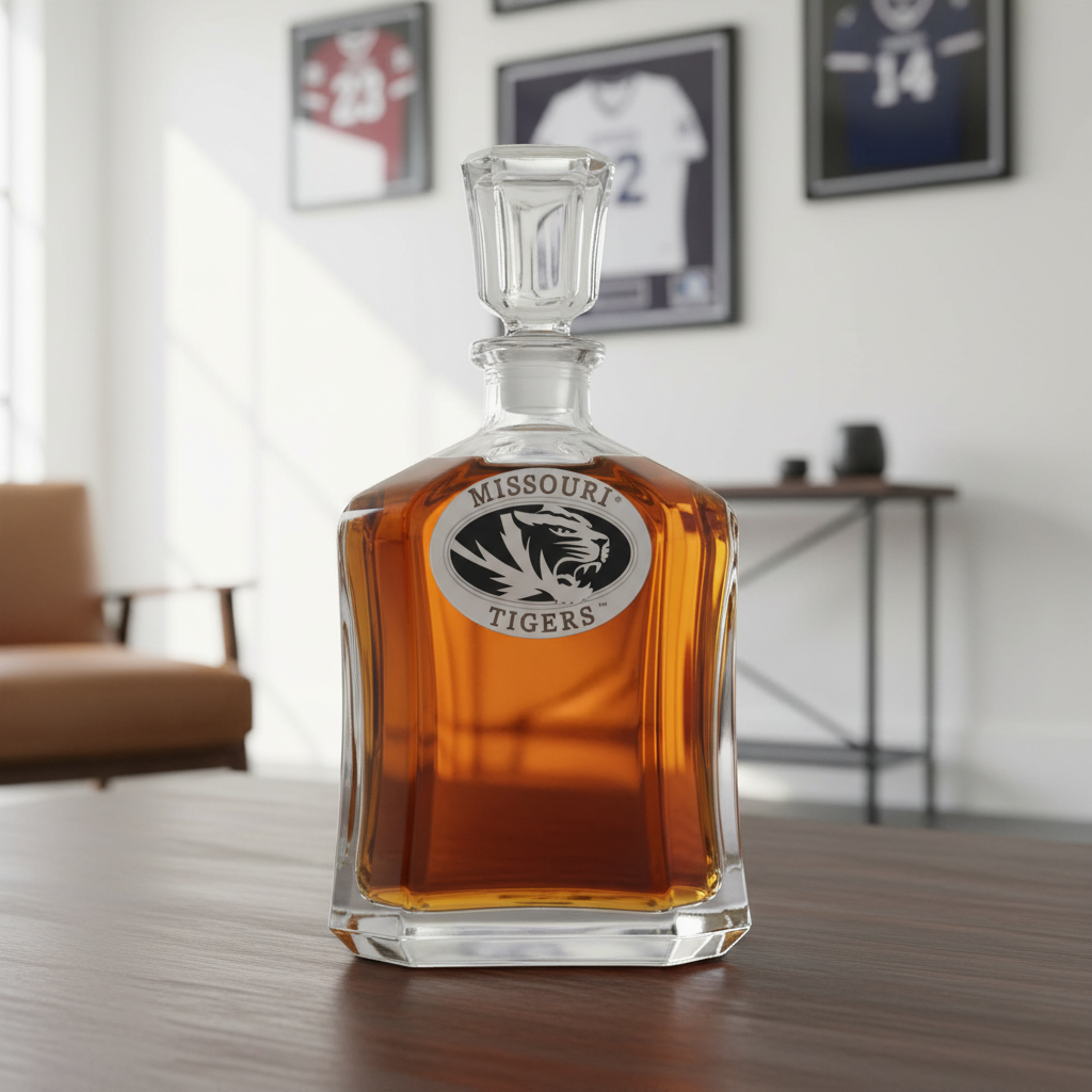 Glass decanter with 'Missouri Tigers' logo on a white background