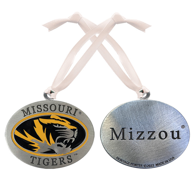 Metal ornament with 'Missouri Tigers' and 'Mizzou' text on a white background