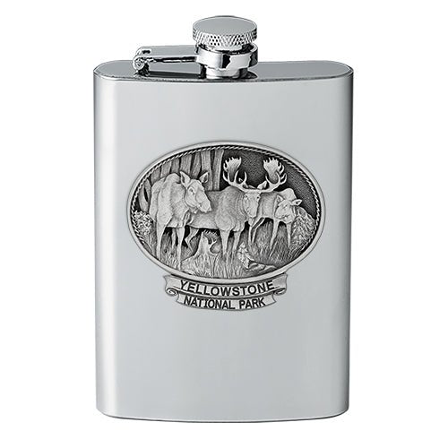Moose Yellowstone National Park 8oz Stainless Steel Flask - Fine Pewter Wildlife Casting - Made in USA