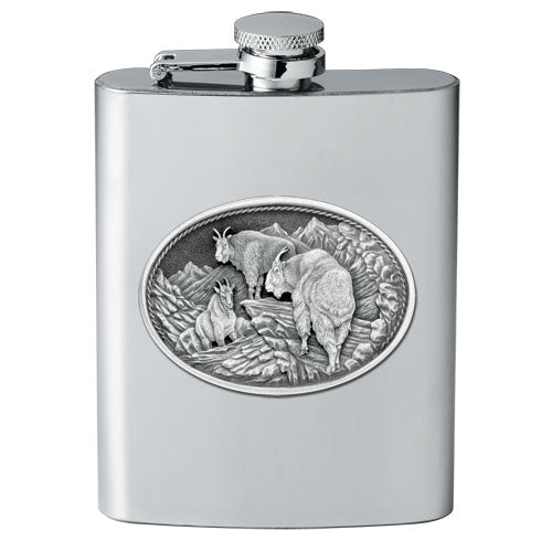 Mountain Goat 8oz Stainless Steel Flask - Fine Pewter Alpine Casting - Made in USA