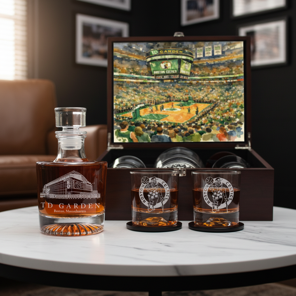 Barware set with decanter and glasses featuring TD Garden branding, displayed against a sports arena background.