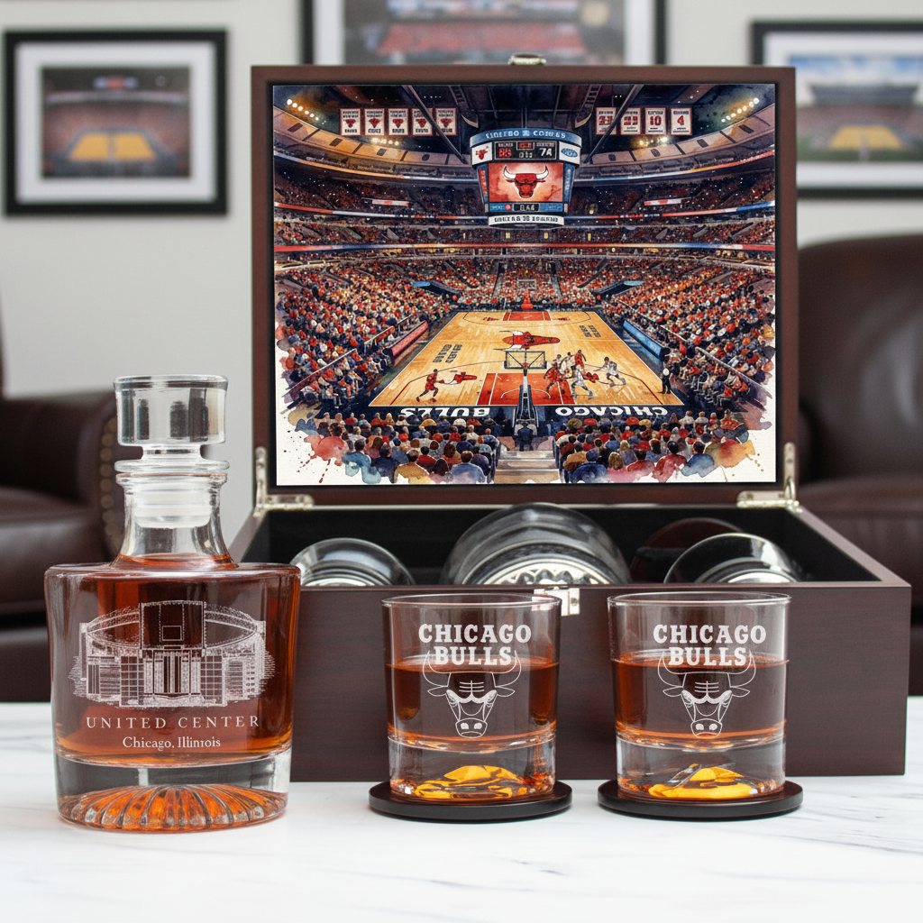 Whiskey set with glasses and decanter featuring Chicago Bulls and United Center branding, displayed against a basketball arena background.
