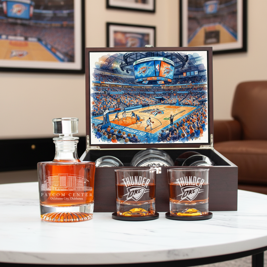 Barware set with 'Thunder' branding in front of a sports-themed barware.