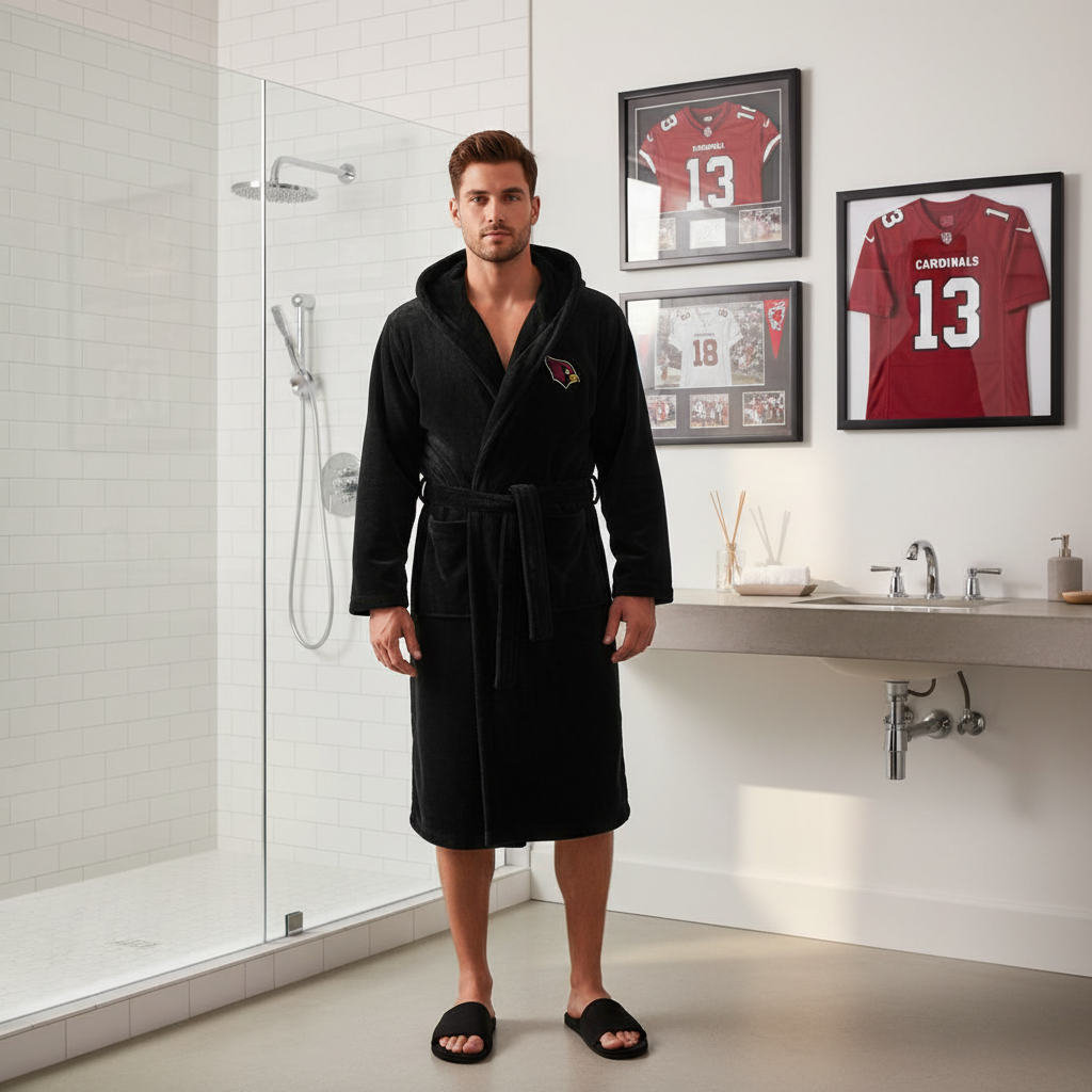 Black hooded vest with a logo on a white background