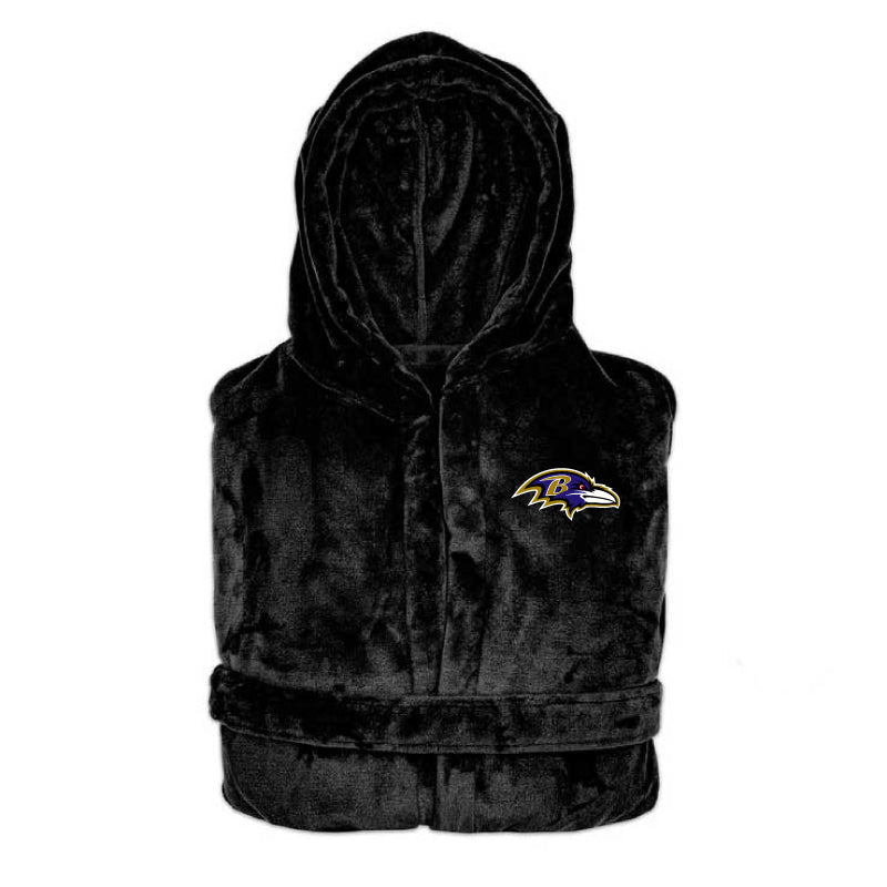 Black hooded bath robe with a NFL Baltimore Ravens Logo