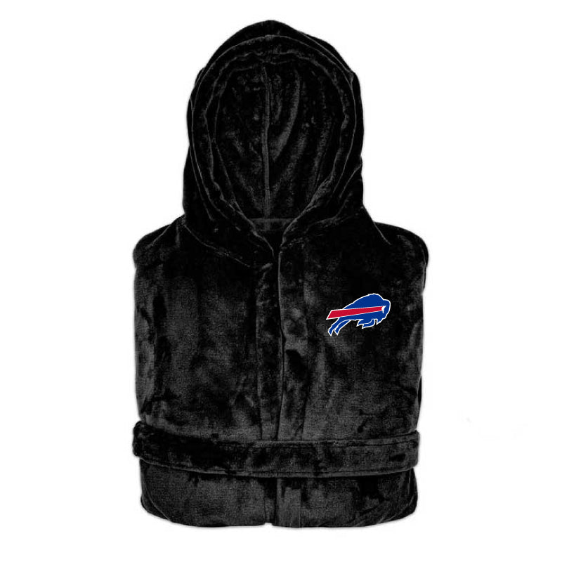 Black hooded bath robe with NFL Buffalo Bills logo