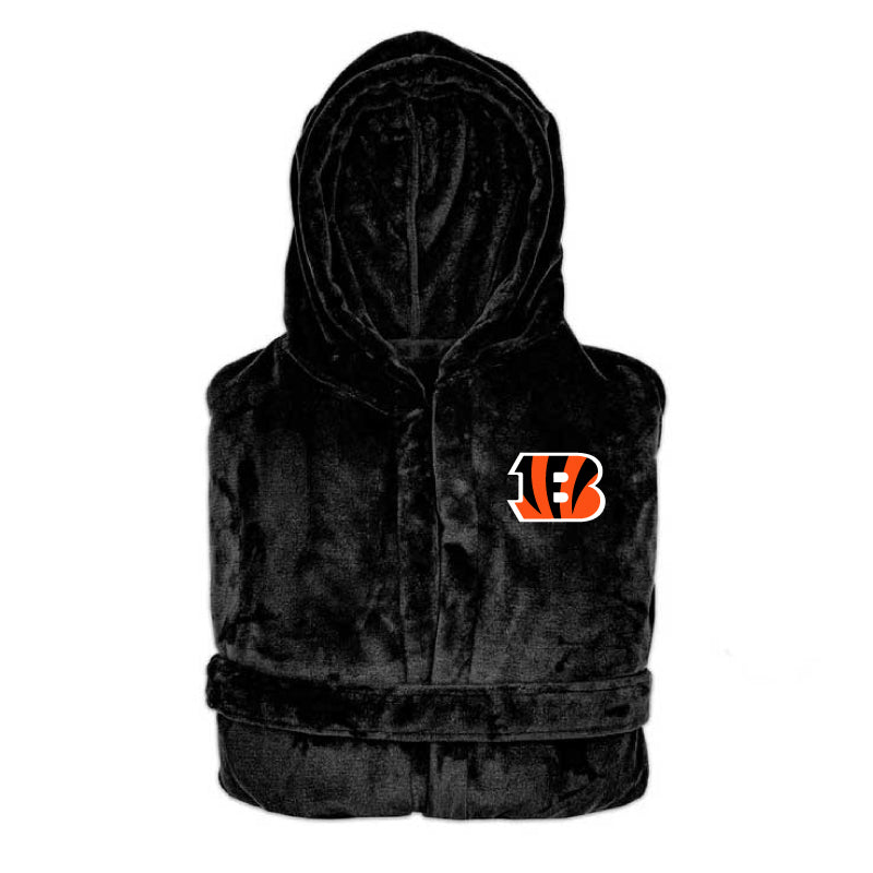 Black hooded bathrobe with NFL Cincinnati Bengals logo on the chest