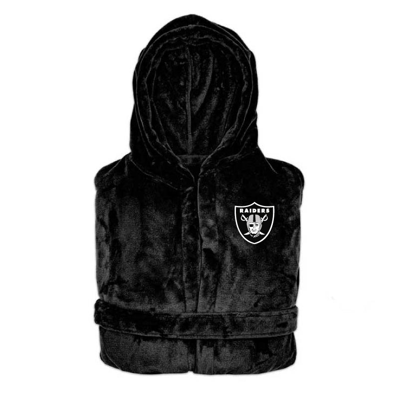 Black hooded bath robe with Las Vegas Raiders logo