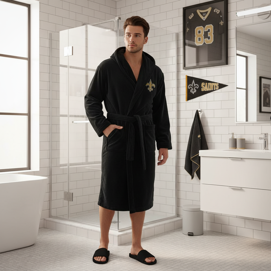 Black hooded Bath Robe with NFL New Orleans Saints